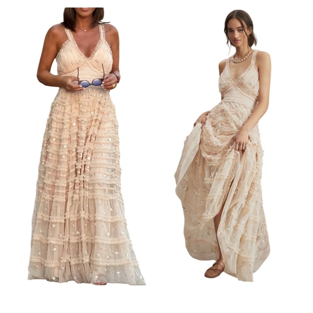 Mac Duggal NWT Blush SZ 8 multi Halter Tulle Beaded Tier VNeck Halter Maxi Dress